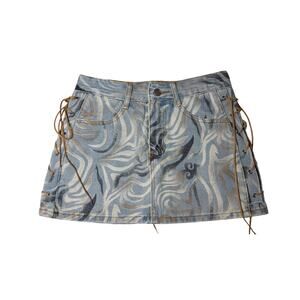 Vintage Mini Denim Skirt with Abstract Swirls and Lace Up Sides SMALL